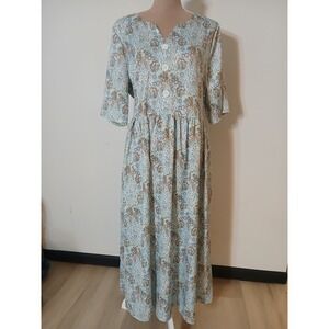 ShallWe Blue Floral Maxi Dress XXL Short Sleeve V-Neck Button Detail Pockets New